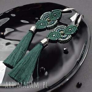 bardzo długie kolczyki z chwostami - butelkowa zieleń i srebro