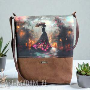 z pięknym nadrukiem, listonoszka, zamsz, lekka