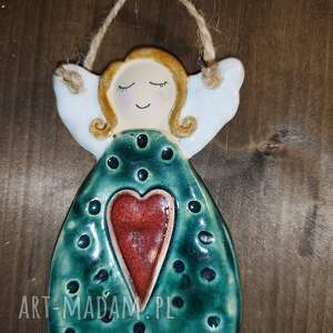 Aniołek ceramiczny turkusowo-zielony - prezent handmade ok. 12 cm