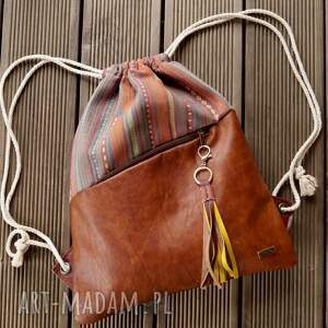 Plecak SUMMER VIBE skóra naturalna tkanina brązy żółty, worek