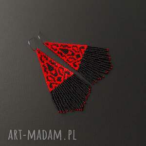 herinia czerwono - czarne kolczyki z frędzlami w stylu boho, flamenco, wzór