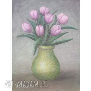obraz ręcznie malowany siedem różowych tulipanów - 18 x 24 cm prezent