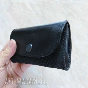 portmonetka skórzana mini czarna z wytłkiem rękodzieło portfel, portfel