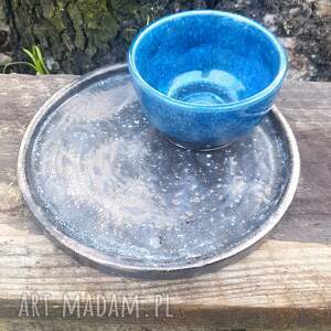Prezent Gliniana czarka z talerzykiem, ceramika użytkowa, turkus