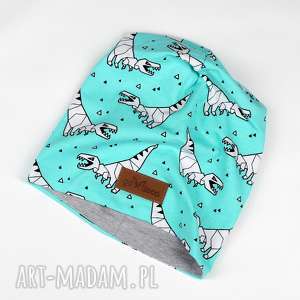 turkusowa ciepła czapka w dinozaury, kolorowa beanie, unisex