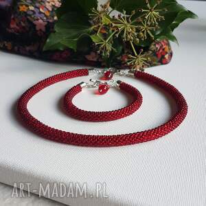 unikatart naszyjnik czerwony sznur z bransoletką, komplet bizuterii koralik