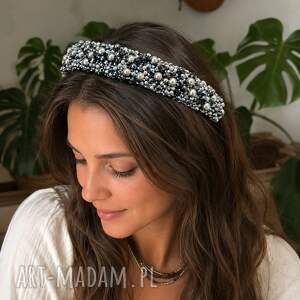 Srebrno-szara opaska do włosów z kryształkami handmade