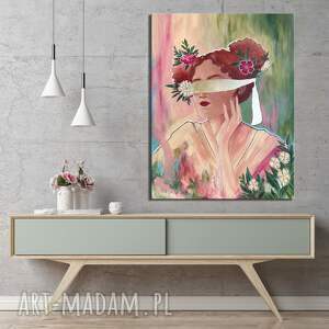 Abstrakcyjny obraz ręcznie malowany Kobieta z kwiatami 70x90 cm - złote akcenty