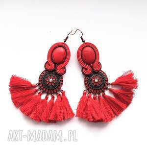 Kolczyki sutaszowe ręcznie haftowane Red, długie