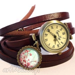 zegarki retro kwiaty - zegarek/bransoletka na skórzanym pasku, vintage