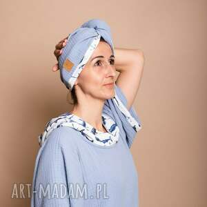 handmade czapki turban z bawełny muślinowej do włosów błękit