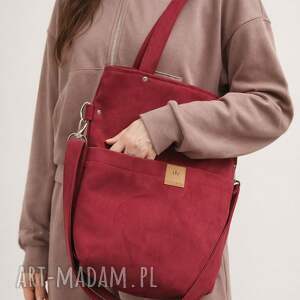 Zamszowa duża torba z kieszeniami Czerwona, torebka na ramię