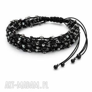 bransoletka koraliki szare czarna mgiełka, bransoletki na sznurku