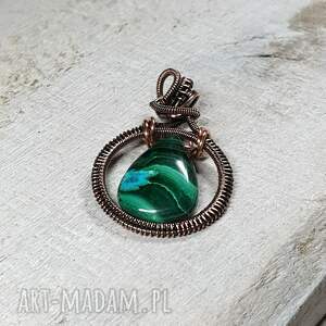 wisiorek z malachitem m245 wire wrapping, rękodzieło miedź