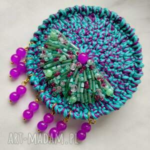 Broszka okrągła szydełkowa turkusowo fioletowa (KR/15/26)