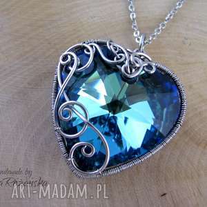 handmade wisiorki wisior serce kryształowe bermuda blue 28mm, wire wrapping