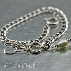 bransoletka z perłą gruby łańcuch srebro 925, pancerka