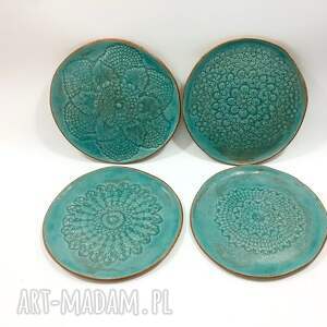 handmade ceramika turkusowe talerze z motywem koronki
