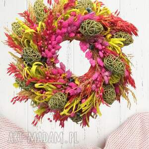 wianek wiosenny fuksja i limonka 45 cm, dekoracja wiosenna suszu