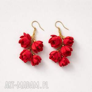 Kolczyki zgrabne czerwone kwiatuszki kw, pier, cer, ró, la
