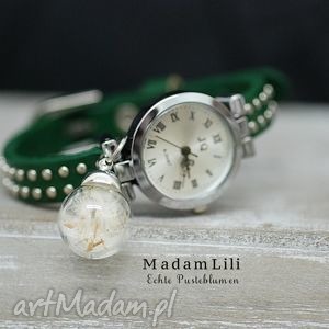 handmade zegarki zegarek dmuchawce skórzany zielony