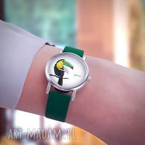 zegarek mały - tukan silikonowy, zielony tropikalny styl niej