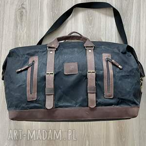 duża czarno-brązowa torba podróżna ze skóry i bawełny woskowanej w stylu vintage