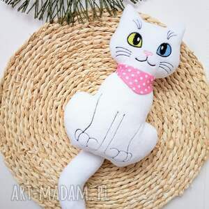 pluszowy siedzący kot kotek rasa khao manee, biały przytulanka