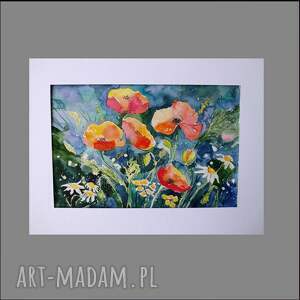 Akwarelowy obraz Wiosenna łąka z passe-partout 40x30 cm - ręcznie malowany
