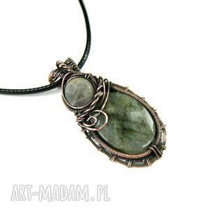 wisiorek z labradorytami, wire wrapping niej prezent, miedź