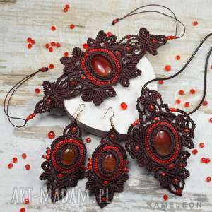kameleon jesień ciemnobrązowy komplet biżuterii z czerwonymi agatami - makrama