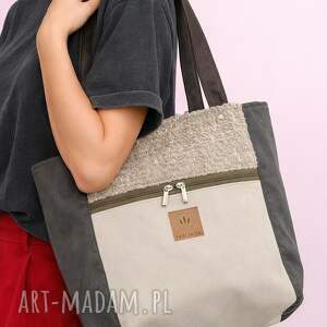 na ramię kremowo - szałwiowa torba shopper z nubuku zamszowa shopperka