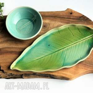 handmade ceramika zestaw ceramiczny - talerz liść z cęntką plus