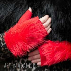 ręcznie wykonane rękawiczki rekawiczki bezpalcowe z futerkiem czerwone