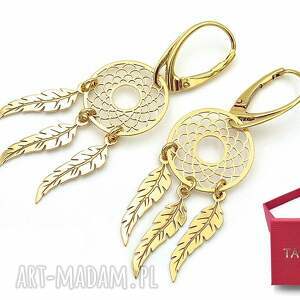 pozłacane kolczyki łapacz złych snów boho, pióra