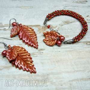jesienne liście - komplet biżuterii, jesienna biżuteria, biżuteria koraliki