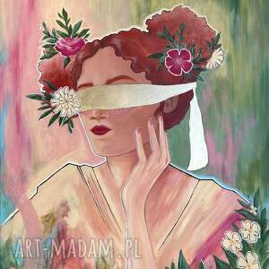 abstrakcyjny obraz ręcznie malowany - kobieta z kwiatami 70x90cm, nowoczesny