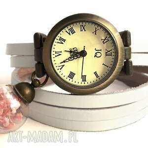 subtelny róż - zegarek/bransoletka na skórzanym pasku retro zawieszka