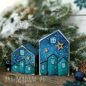 Prezent 2, niebiesko turkusowe, drewniane domki