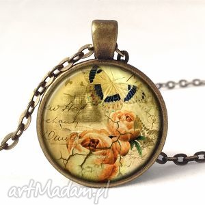 vintage collage - medalion z łańcuszkiem retro róże upominek