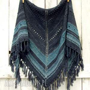 duża, wełniana chusta, z frędzlami - navy blue - chusta na drutach