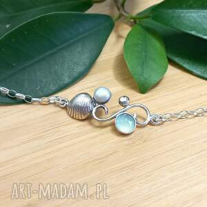 letnie sny - bransoletka, agat aqua z perłą morska, muszelką srebro