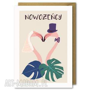 karnet okolicznościowy, kartka ślubna, nowożeńcy flamingi