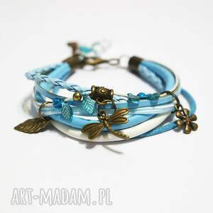 Błękitna bransoletka z ważką z rzemieni - handmade
