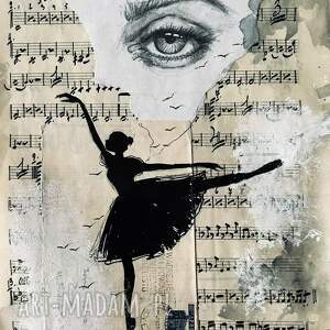 "listy miłosne" collage na ręcznie pisanych nutach - baletnica, spojrzenie, ptaki