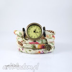 zegarek, bransoletka - kwiaty kremowy, owijany, rzemień prezent zegarki