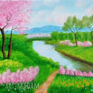 obraz ręcznie malowany pejzaż wiosenny, rzeka kwiaty, wiosna łąka relaks