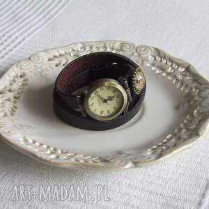 handmade zegarki zegarek vintage z grafiką skórzany czekoladowy