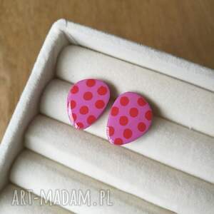 kolczyki sztyfty drewniane kolorowe różowe w kropki