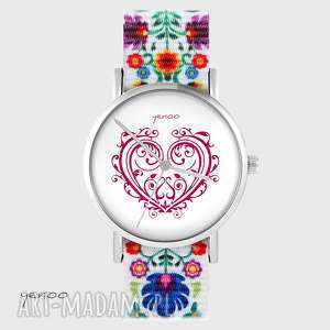 zegarek - serce ornamentowe folk biały, nato, bransoletka, prezent